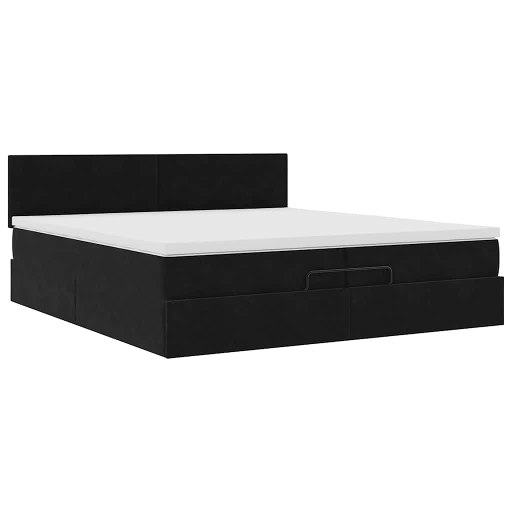 Cama otomana de 200 x 200 cm, terciopelo negro con colchones, almacenamiento hidráulico, cabecero regulable en altura