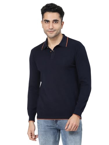 Image of Kalt Mens Basic Solid Full Sleeves Polo Cotton Blend Knitted Regular Fit Polo-Neck T-Shirts with Collar Stylish