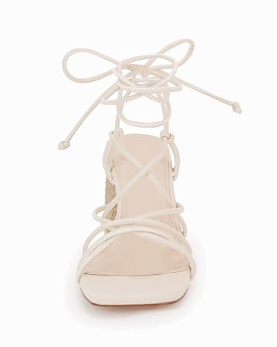 Image of PiePieBuy Women's Lace Up Chunky Braided Heel Sandals Square Toe Strappy Ankle Strap Heels