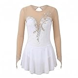 Yaaxinb Vestido de Patinaje Artístico para Niña Mujer Maillot de Patinaje con Cristales Manga Larga Vestido de Competición Actuación Ropa Blanco,Blanca,12 Years