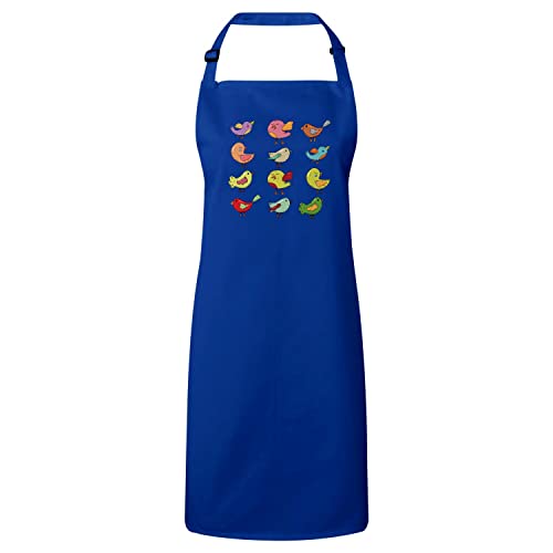 Tablier cuisine bleu avec motif oiseaux et peinture multicolore pour enfant