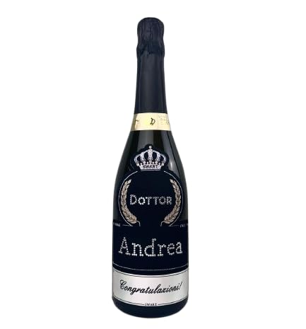 Bottiglia per Festa di Laurea PERSONALIZZABILE - Bottiglia regalo spumante italiano 0,75L con scritta Auguri Dottore in autentici cristalli e possibilità di personalizzare il nome (AUGURI DOTTORE)