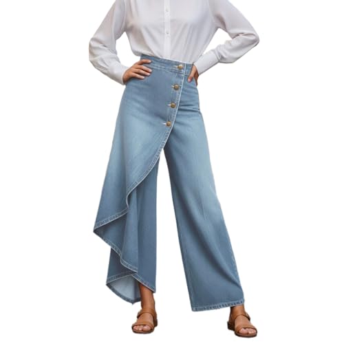 Eauptffy Pantalon en jean pour femme 7/8 - Pantalon d'été élégant - Jupe Palazzo - Pantalon de loisirs léger - Ourlet asymétrique - Pantalon en jean -...