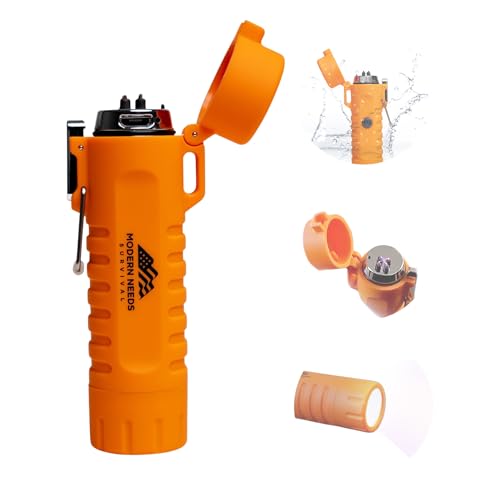 MODERN NEEDS EverGlow Tactical Lighter – USB-C Rechargeable Plasma Arc | Windproof & Waterproof Flameless Design with LED Flashlight | Compact Survival EDC Tool for Camping & Prepper Kits