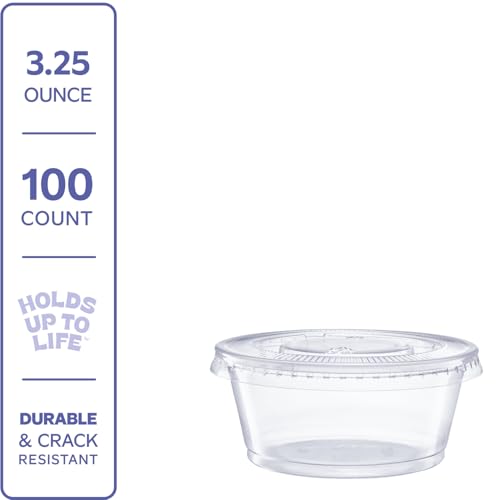 Image of GUSTO 3.25 oz Jello Shot Cups with Lids [100 Count] Clear Plastic Portion Containers, Condiment Cups for Sauces, Dressings & Samples - Durable, Stackable, Leak-Resistant (Formerly Comfy Package)