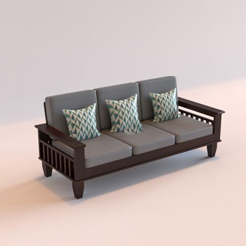 Image of Sheesham Wooden 3 Seater Sofa for Living Room | Rosewood 3 Seater Cushion Sofa with Side Newspaper Holder for Home & Office | Solid Wood Sofa Set for Lounge (-Walnut Finish)