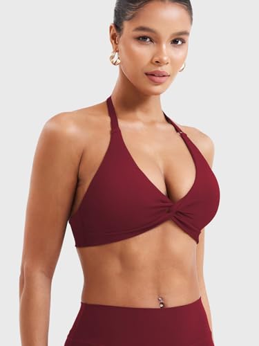 Image of YEOREO Halter Sports Bras for Women Low Impact Removable Padded Adjustable Deep V Bra Seamless Workout Gym Crop Tops