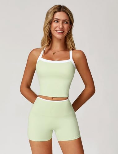 Image of ABOCIW 2 Pieces Workout Sets for Women, Cross Back Tank Top Matching High Waist Biker Shorts, Gym Yoga Pilates Outfits