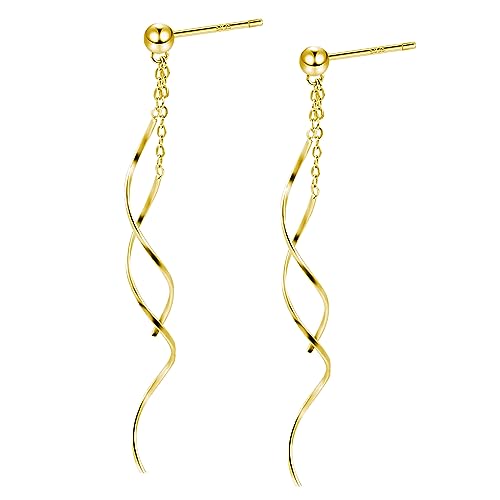 ASH'S CHOICE Pendientes Oro Mujer, Pendientes Colgante e Línea Ondulados, Largos y Brillantes, Aretes de Gota, Hipoalergénicos, Poste de Plata 925, Chapados en Oro 14K, Regalos de Joyería