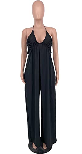 Aro Lora Womens Sexy V Neck Halter Tie Knot Ruched One Piece Wide Leg Pant Jumpsuit Romper Large Black #TOP2