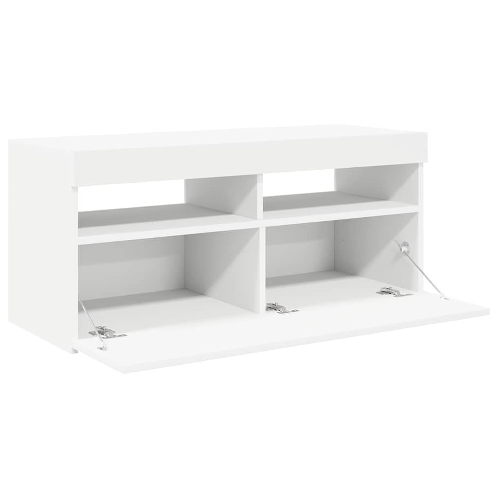 TV-Schrank mit LED-Leuchten, Weiß, 90x35x40 cm, Holzwerkstoff, Modernes TV-Möbel für Wohnzimmer, Media Center mit Stauraum