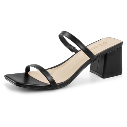 Image of Leevar Square Toe Heeled Sandals for Women - Women's Low Block Heels Sandals - 2.25IN Open Toe Ankle Strap Chunky Heels - Slip on Heeled Sandal Mule- Nude Black Strappy Heels for Party Wedding Dress Shoes