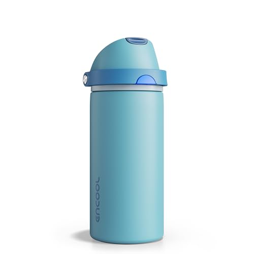 Image of Insulated Water Bottle with Straw - Encool Stainless Steel Water Bottle with Push Button Lid, Leak-Proof & BPA-Free, Keeps Cold for 24 Hours for Sports, Travel, Gym (18 oz, Silk Blue)