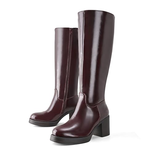 Image of Shoe'N Tale Platform Knee High Boots for Women Block Chunky Heel Round Toe Side Zipper Tall Boots