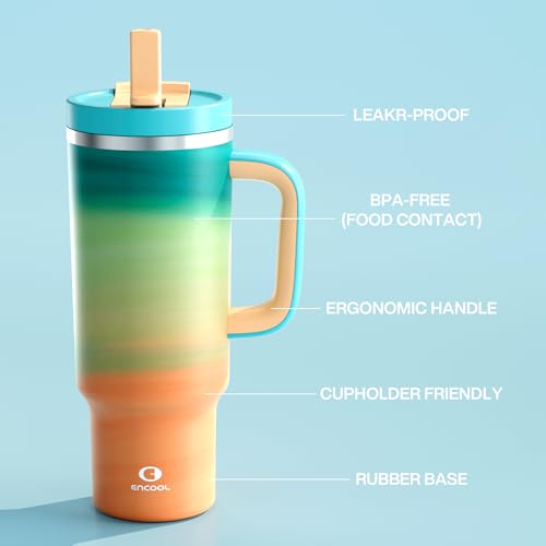 Image of 40 oz Tumbler with Handle and Straw: Stainless Steel Insulated Tumbler Keeps Cold for 24 Hours, Leakproof Travel Cup Fits in Cup Holder and BPA-Free, Avenue
