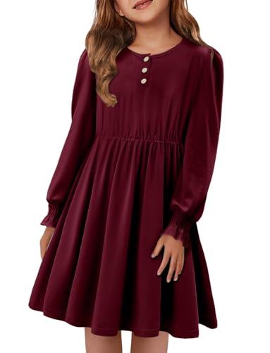 Yoklass Girls Casual Dress Long Sleeve Smocked Cuff Button Loose Fit Dresses 4-13 Years3