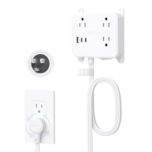 Regleta de energía TROND con enchufe giratorio 360°, extensión de 5 pies con 3 tomas y 3 puertos USB, para montaje en pared o cajón