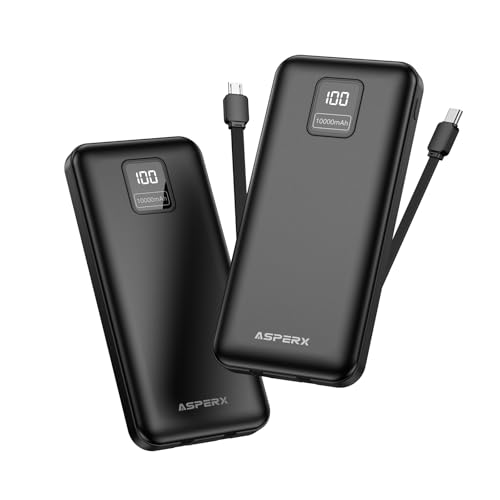 AsperX 2-Pack 10000mAh Power Bank Fast Charging Portable Charger with Built in Cables USB C Input and Output Battery Pack LED Display Compatible with iPhone Samsung iPad Tablets Android etc.