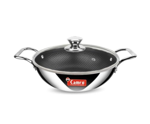Image of Camro Kadai with Glass Lid 6.7 Litre 32 Cm| Honeycomb Triply Kadhai for Cooking | Curry Stir-Fry Deep Fry Dry Veg | Cookware kadai with Steel Handle |Non Stick kadhai for Frying |Induction Base & Gas