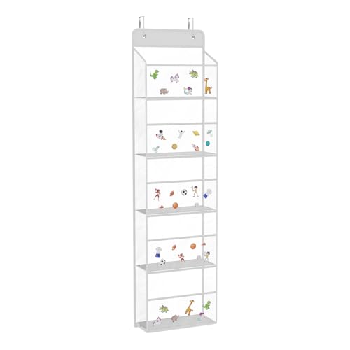 Image of Univivi 5-Shelf Fabric Door Storage Over Door Hanging Organizer with 5 Clear Plastic Pockets & 2 Big Metal Hooks Nursery Closet Cabinet Wall Mount Hanging Storage Organizers for Baby Nursery
