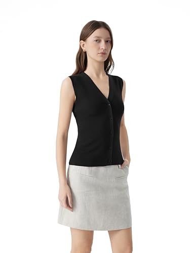 Image of SUUKSESS Women Sleeveless Sweater Tops Summer V Neck Button Down Vest Tops Business Casual Work Shirts