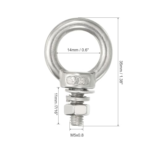 Image of uxcell M5x11 3 /16 inch x7 /16 Stainless Steel Eye Bolts Threaded Screw Eyebolt Shoulder Ring with Nuts Washers for Lifting Hanging, 10 Set