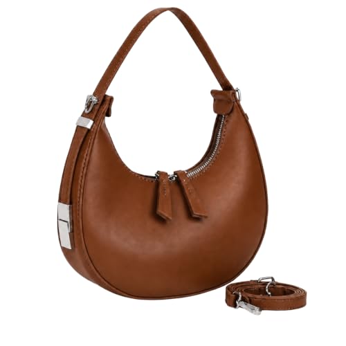 Bolsa Feminina Meia Lua Preta Couro Sintético Leve Clássica Versátil Alça Ajustável Zíper (Marrom)
