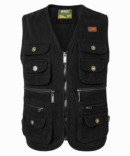 KTWOLEN Gilets de Pêche pour Hommes Gilet de Travail Safari Gilet Photographie de Sport Multi-poches Gilet Veste Sans Manches de Voyage, Noir, XXL