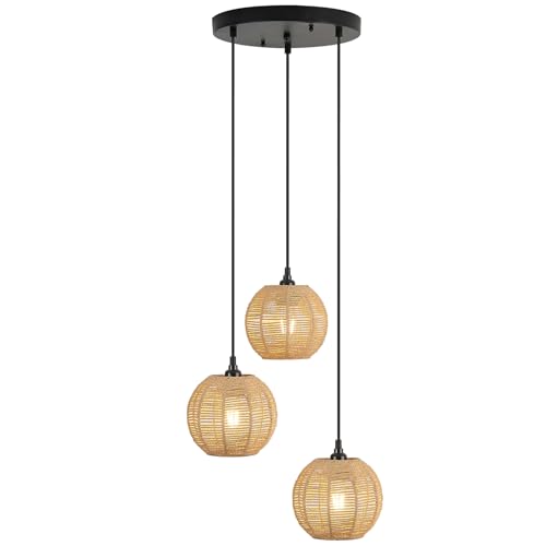Image of Round 3 Light Boho Pendant Light Rattan Hanging Lamp | Hand Woven Wicker Small Chandelier Hanging Lights Fixture for Bedroom Kitchen Hallway Foyer