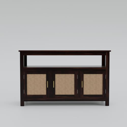 Image of Solid Sheesham Wood Sideboard for Living Room with Cane Doors | 3-Door Storage Unit with Open Shelf | Buffet Cabinet for Dining Room, Entryway & Hallway | Walnut Finish | 140 x 40 x 82 cm