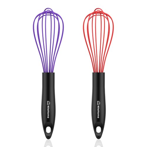 Image of NileHome Silicone Whisk Set 10 inch, 2 Pack Kitchen Whisk Kitchen Wisk Wire Whisks for Cooking, Whisking, Blending, Beating, Stirring-Purple Red