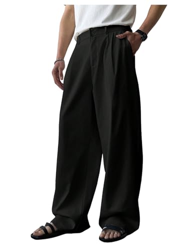 OYOANGLE Men's Pleated Front Straight Leg Dress Pants Zipper Fly Work Casual Slacks with Pocket