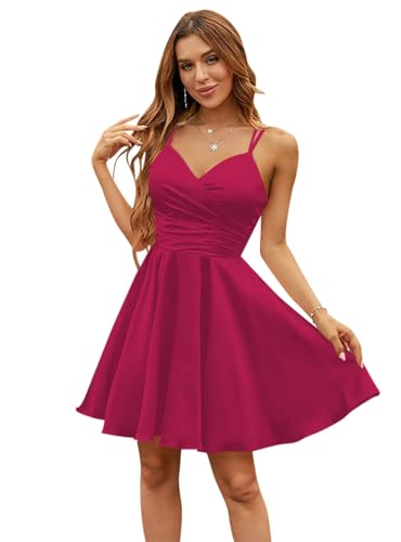 OYI V Neck Satin Homecoming Dresses Short for Teens Spaghetti Straps Prom Party Cocktail Dresses with Pockets YZTS072