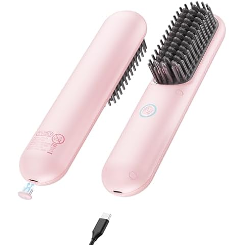 TYMO Cordless Hair Straightener Brush - Porta ECO Portable Straightening Brush for Travel, Mini Hot Ionic Straightener Comb for Women, Ceramic Coating, Lightweight for Touch-ups, No Charger, Pink Cover