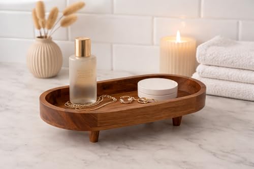 Image of D&G Homes Wooden Serving Trays, Large Sheesham Wood Serving Tray with Legs,13 x 6 x 2 in, Stackable Platters for Serving Cakes, Pastries, Snacks, Breakfast, Coffee Table, Party, Home Decor
