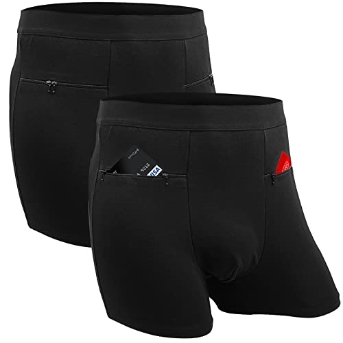 Men's Boxer Briefs Secret Hidden Pocket, Travel Underwear with Secret Front Stash Pocket (Black) - 2 Packs