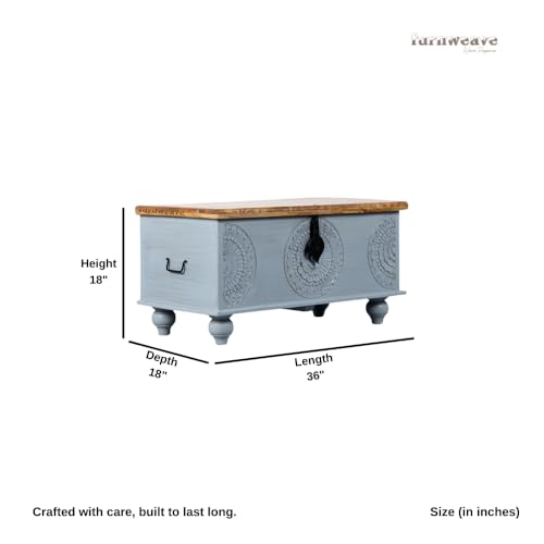 Image of Rafi Wooden Trunk Box for Storage | Solid Wood Coffee Table for Living Room | Center Coffee Table with Storage | Front Wooden Carved Sandook Pitara for Home Decor & Bedroom (Grey Distress)