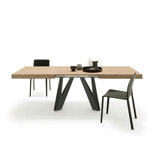 MOBILI FIVER, Mesa Extensible Romina 160(240) x90cm, Madera Natural con Patas en Hierro Negro, para 6-10 Personas, Mesa Extensible de Comedor, Mesa Cocina, Salon, Made In Italy