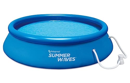 Summer Waves Quick Set 12 Feet Inflatable Ring Round Above Ground Outdoor Home Backyard Swimming Pool with Repair Patch to instantly fix the inflatable pool 3.66 m x 76 cm