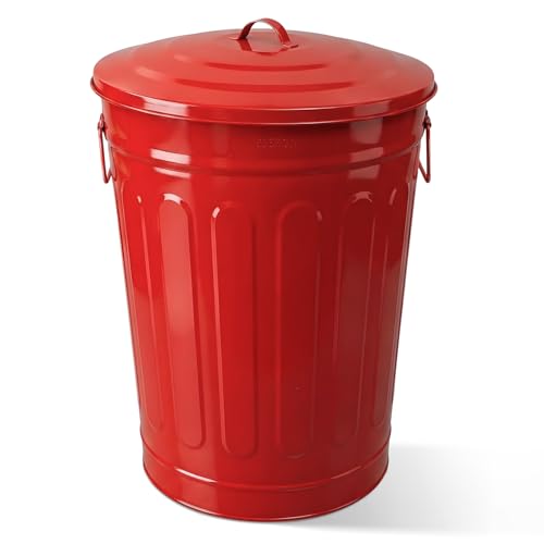 Image of Plexon Metal Trash Can with Lid 13 Gallon, Decorative Outdoor Trash Can Heavy Duty Galvanized Metal Bucket with Lid for Garage Workshop Storage Farmhouse, Red