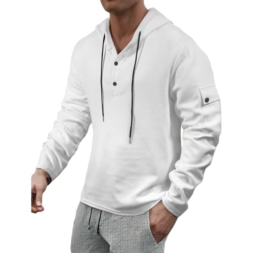 Mens Linen Long Sleeve Hooded Shirts Lightweight Solid Color Loose Fit Henley Button Neck Drawstring