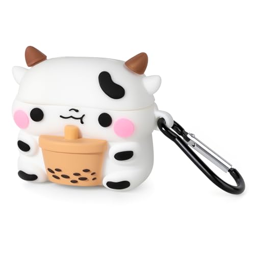 Mouzor for AirPods 4 Case, Cute Boba Tea Cow AirPods 4th Generation (2024) Case Funny 3D Cartoon Animal Heavy Duty Protection PVC Charging Cover with Carabiner for Kids Girls Women