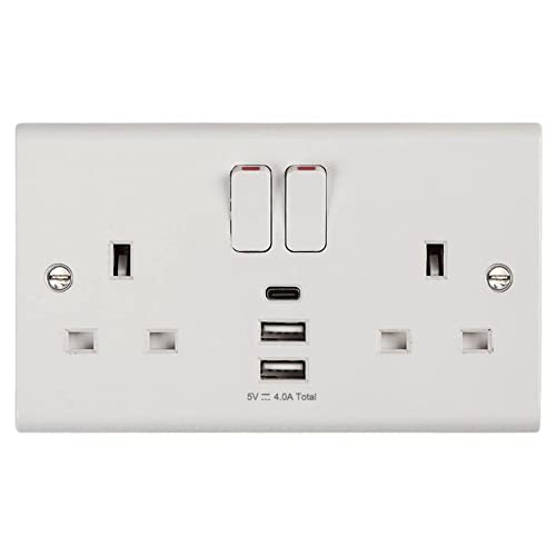 Deta S1288 Slimline 13A 2 Gang Switched Socket with 3 USB Ports (1 x Type C + 2 x Type A, 4.0A)
