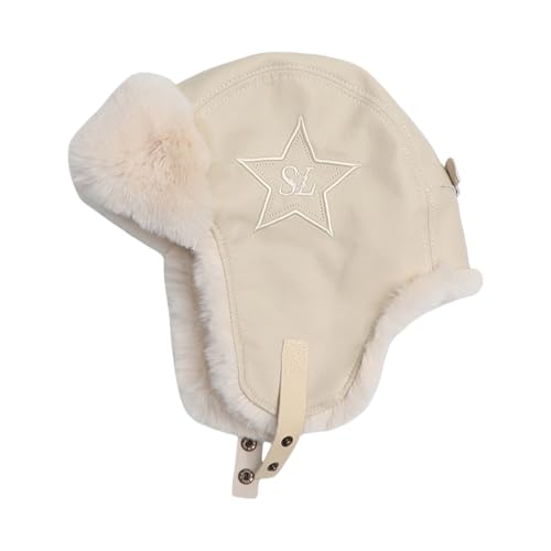 Winter Warm Thicken Hat for Women Furry Trapper Hat Windproof Leather Hat Furry Earflaps Hat Coldproof Cycling Hat Beige