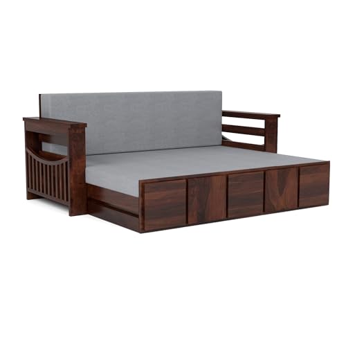 Image of Mamta Furniture Sheesham Wood Queen Size Sofa Cum Bed | Walnut Finish | Convertible Storage Bed | Master Bedroom | Guest Room | DIY Assembly | with Headboard