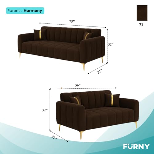 Image of FURNY Harmony 5 Seater Velvet Fabric 3+2 Sofa Set (Brown) with Golden Finish Legs | Durable & Comfortable | Ideal for Living Room