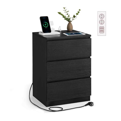 VASAGLE KAILYN Colección - Mesita de Noche con Estación de Carga, Mesa Auxiliar con 3 Cajones, 2 Tomas AC, 2 Puertos USB, Salón, Dormitorio, Estudio, Negro Ébano LET631B56