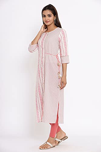 Image of JAPER KURTI Woman's Cotton Geometric Print White Color 3 /4th Sleeve Round Neck Straight Kurta