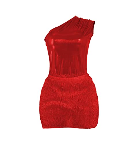2 Piece Outfits for Women Sexy One Shoulder Metallic Bodysuit Top Night Party Club Mini Skirt Set3