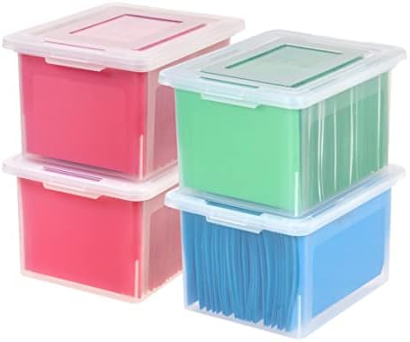IRIS USA Letter/Legal File Tote Box, 4 Pack, BPA-Free Plastic Storage Bin Tote Organizer with Durable and Secure Latching Lid, Stackable and Nestable, Crystal Clear